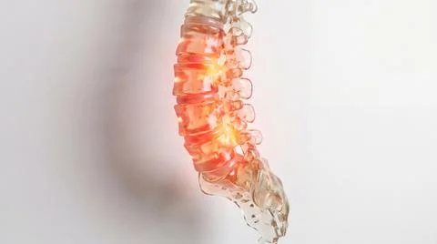 Spinal column with inflamed vertebrae causing pain and discomfort in lumbar.. Stock Illustration