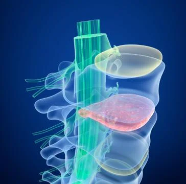 Spinal cord under pressure of bulging disc, X-Ray view.  3D illustration Illustrazione stock