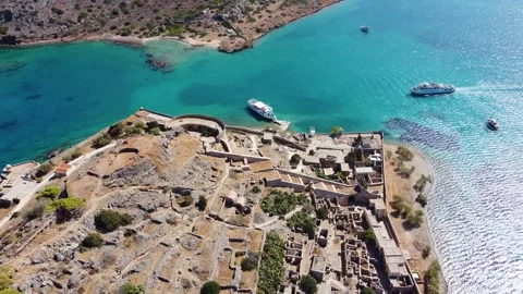 Spinalonga. Crete. Flight Over and Horizon. Venetian Fortress. Holidays Gree Stock Footage 330482246