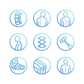 Spine, backbone flat line icons. Orthopedics clinic, medical rehab, back trauma Stock Illustration