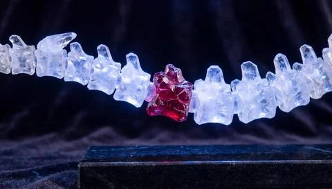 Spine bones with red gem middle joint on dark background professional shot. Stock Photos