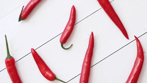 Spining in Slow Motion Red hot chili peppers pattern isolated on white Video stock 129674458