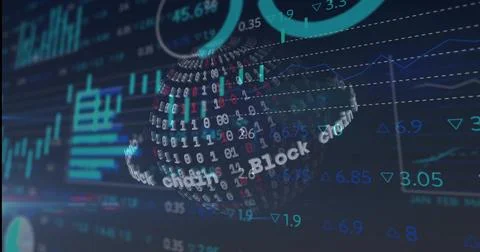 Spinning 3D blockchain sphere on screen, with binary digits, Block chain text 스톡 일러스트