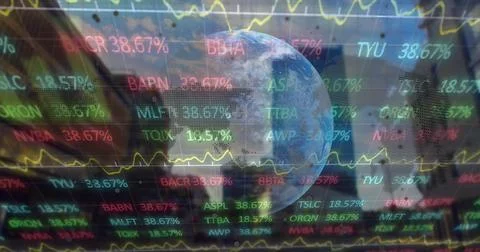 Spinning 3D globe floating over blurred building facade, with stock tickers and Fotos de archivo