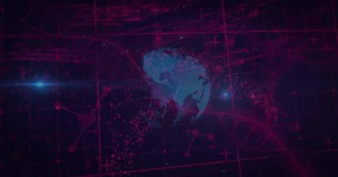 Spinning 3D globe floating in virtual cyberspace, with red-pink grid, nodes and 스톡 일러스트