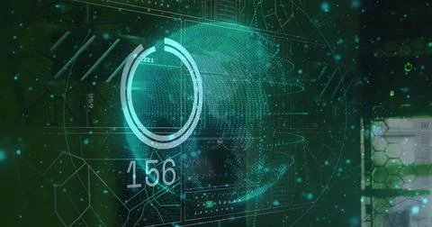 Spinning 3D globe with map grid overlay and circular gauge in control center, Foto stock