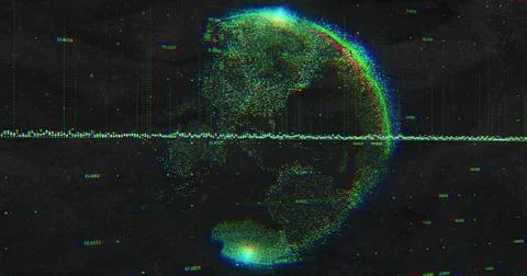 Spinning 3D point-cloud hemisphere in space with horizontal data line numeric Stock Illustration