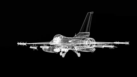 Spinning 3d wireframe fighter jet on plain black background Video stock 256011931