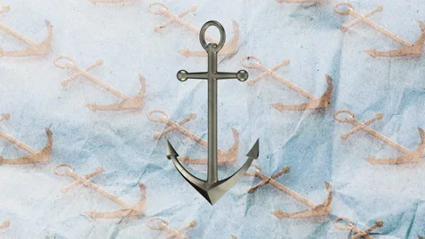 Spinning anchor on old paper background with anchor pattern, seamless looping Stock Footage 154480227