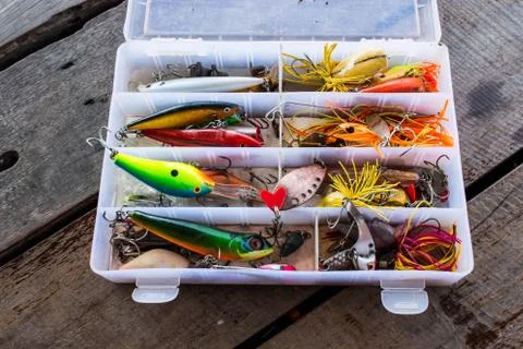 Spinning bait box background Stock Photos