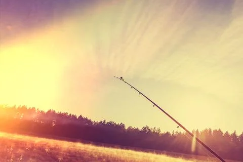 Spinning. the bell is twitching. there is a bite. late evening. focus on th.. Stock Photos