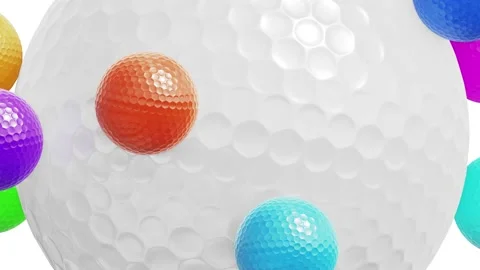 Spinning big golf ball with rolling small colorful balls looping 3D animation Stock Footage 197519969