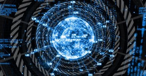 Spinning blue wireframe globe at virtual interface center, with concentric rings 스톡 일러스트