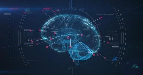 Spinning brain against data processing on blue background Stock Illustration