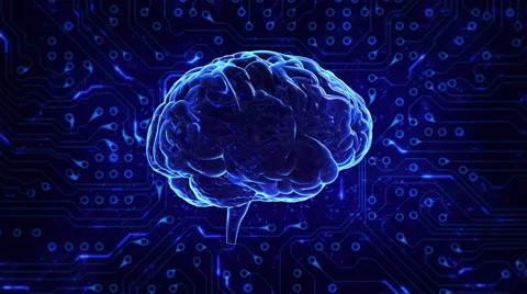 Spinning brain with circuit board background. Loopable. Blue. Black and white. Video stock 54855652