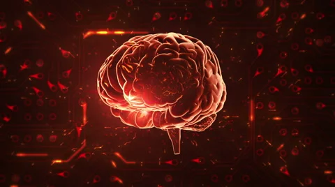 Spinning brain with circuit board background. Loopable. Orange and green. Video stock 54855754
