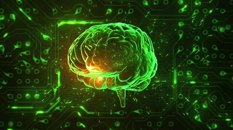 Spinning brain with circuit board background. Loopable. Green and blue. Stock Footage 54856046