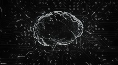 Spinning brain with circuit board background. Loopable. Red-Orange. Stock Footage 59586711