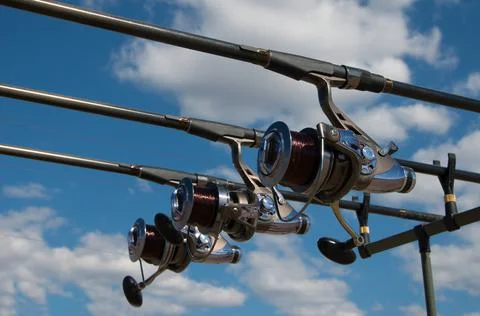 Spinning with carp bite indicators on rod pod Stock Photos
