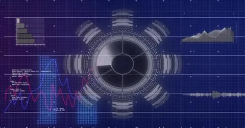 Spinning central HUD scanning on sci-fi dashboard, showing rings, line charts, Illustrazione stock