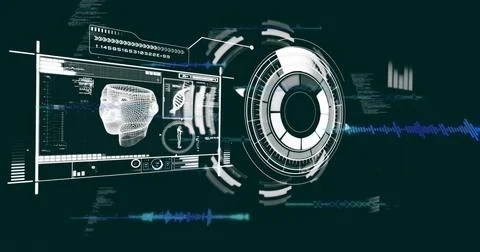 Spinning circular HUD in console with wireframe head panel, charts with DNA Illustrazione stock