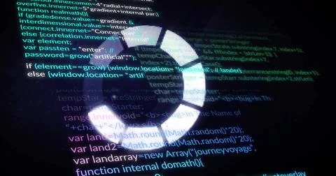 Spinning circular loading spinner overlaying code editor view, with scrolling Stockfoto's