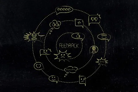 Spinning comic bubbles with different reactions to a product or company (feed 스톡 일러스트