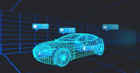 Spinning cyan wireframe car model revealing wheel spokes in neon grid showroom, Stock Illustration