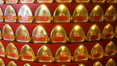Spinning cylinder with small statues of Buddhist gods Stockbeeldmateriaal 74064323