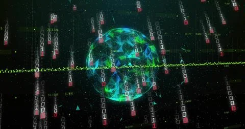 Spinning data globe in dark grid, streaming binary code, neon green waveform, Stock Photos