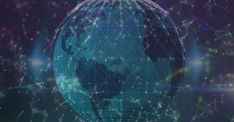 Spinning digital Earth globe hovering in virtual data network space, with Illustrazione stock