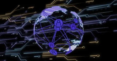Spinning digital globe showcasing network lines and user icons in cyberspace, Stock Photos