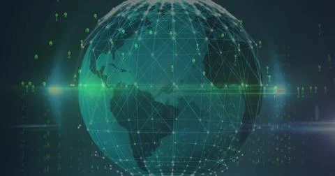 Spinning digital globe showing network grid in digital scene with green binary Stock Illustration