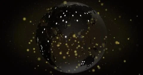 Spinning digital globe showing pixelated surface with city lights and golden Stock Illustration