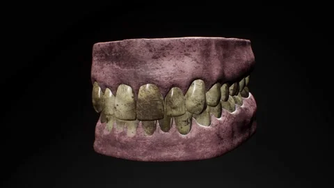 A Spinning dirty teeth behind black background as mouthwash splashes it clean Stock Footage 155301703