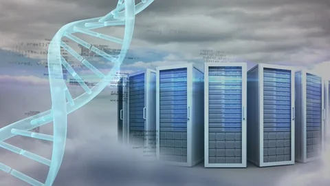 Spinning DNA with big data against data server Stockbeeldmateriaal 104957474
