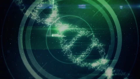 Spinning DNA with binary codes against moving futuristic circles Stock Footage 104954027
