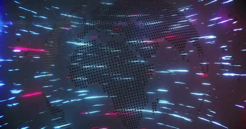 Spinning dotted digital globe glowing in abstract environment, with cyan and 스톡 일러스트