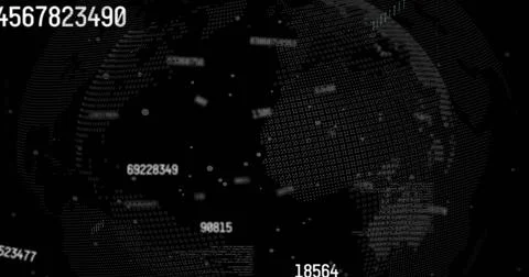 Spinning dotted digital globe streaming numeric labels and data blocks on dark Illustrazione stock