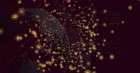 Spinning dotted globe flowing data lines, code fragments and golden orbs in c Photos