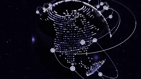 Spinning dotted globe on start, showing pulsing nodes, forming orbital network Stock Footage 337964668