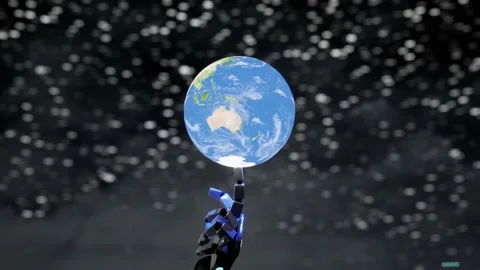 Spinning earth globe on robot finger like basket ball player. A.i. take care Stock Footage 233375282