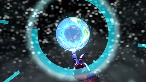 Spinning earth globe on robot finger with stars on background and hud interf Stock Footage 233487978