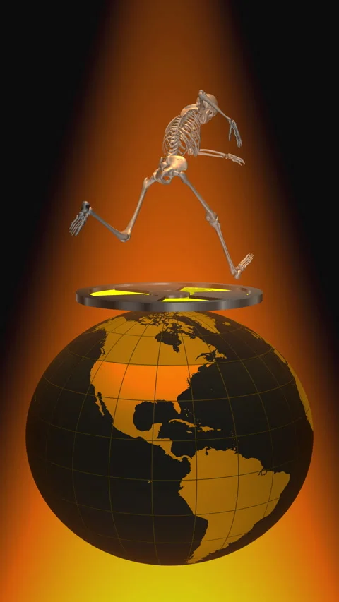 A spinning Earth, a human skeleton, and a nuclear logo. Stock Footage 346745161