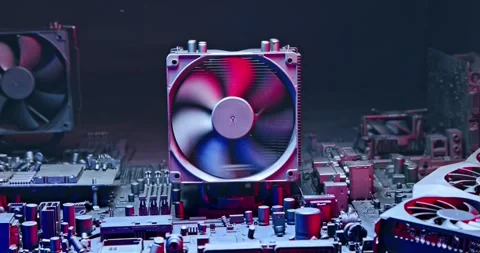 Spinning fans on working processor with heatsink on motherboard. Stock Footage 334610321