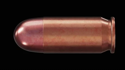 Spinning firearm 9 mm single cartridge looping 3D animation with alpha Video stock 186622219