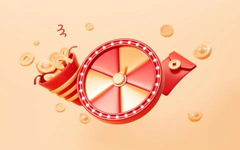 Spinning fortune wheel with red envelopes, gold coins, gold ingots and so o.. Stock Illustration