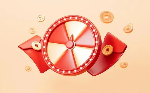 Spinning fortune wheel with red envelopes, gold coins, gold ingots and so o.. Stock Illustration