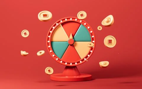 Spinning fortune wheel with red envelopes, gold coins, gold ingots and so o.. Stock Illustration