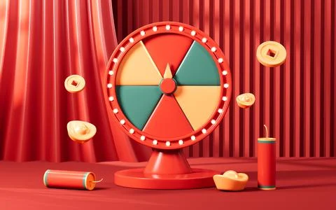 Spinning fortune wheel with red envelopes, gold coins, gold ingots and so o.. Stock Illustration